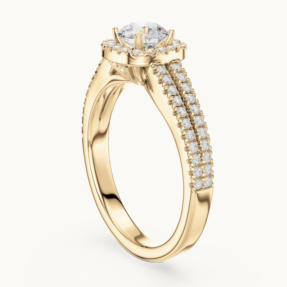 Round lab-grown diamond split shank pavé halo engagement ring in yellow gold, 1.14 CT TW, view 1
