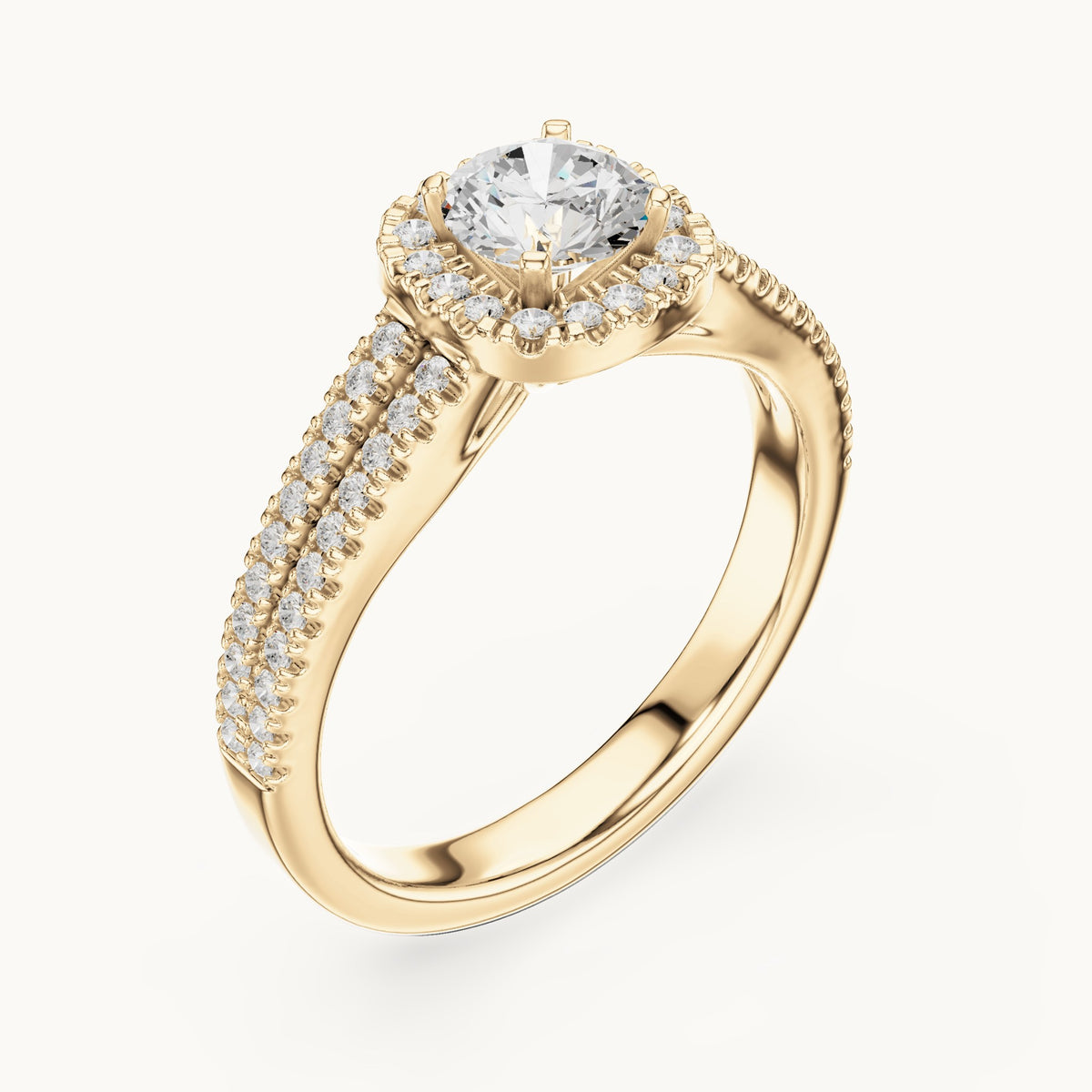 Round lab-grown diamond split shank pavé halo engagement ring in yellow gold, 1.14 CT TW, view 2