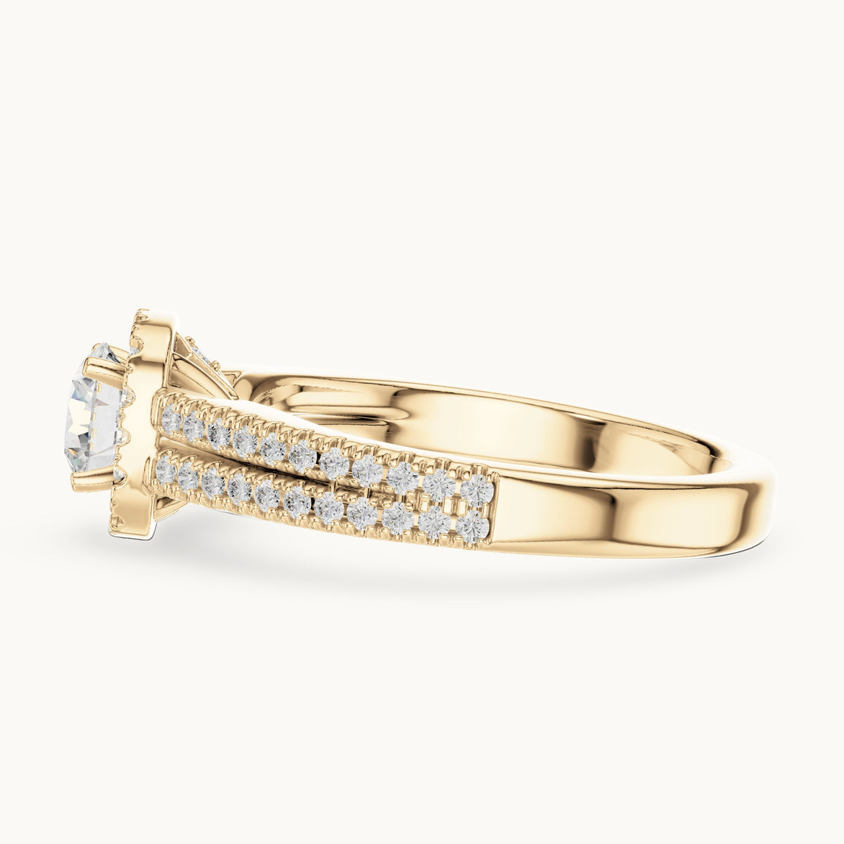 Round lab-grown diamond split shank pavé halo engagement ring in yellow gold, 1.14 CT TW, view 3