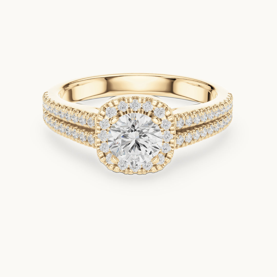 Round lab-grown diamond split shank pavé halo engagement ring in yellow gold, 1.14 CT TW, view 4