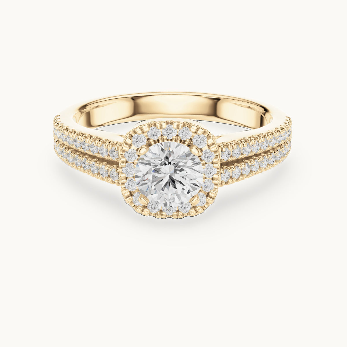 Round lab-grown diamond split shank pavé halo engagement ring in yellow gold, 1.14 CT TW, view 4