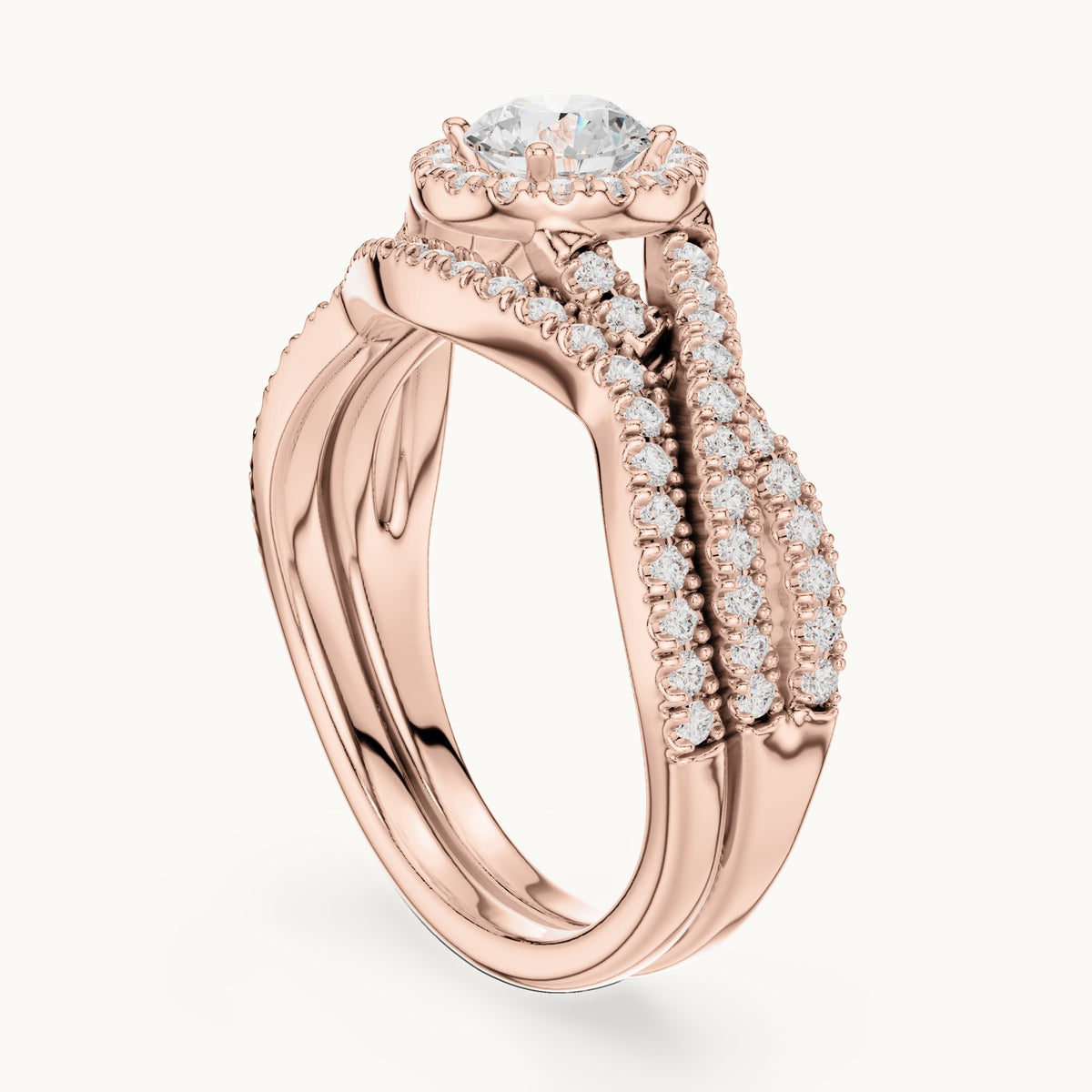 Round lab-grown diamond twisted double band halo engagement ring in rose gold, 1.242 CT TW, view 1
