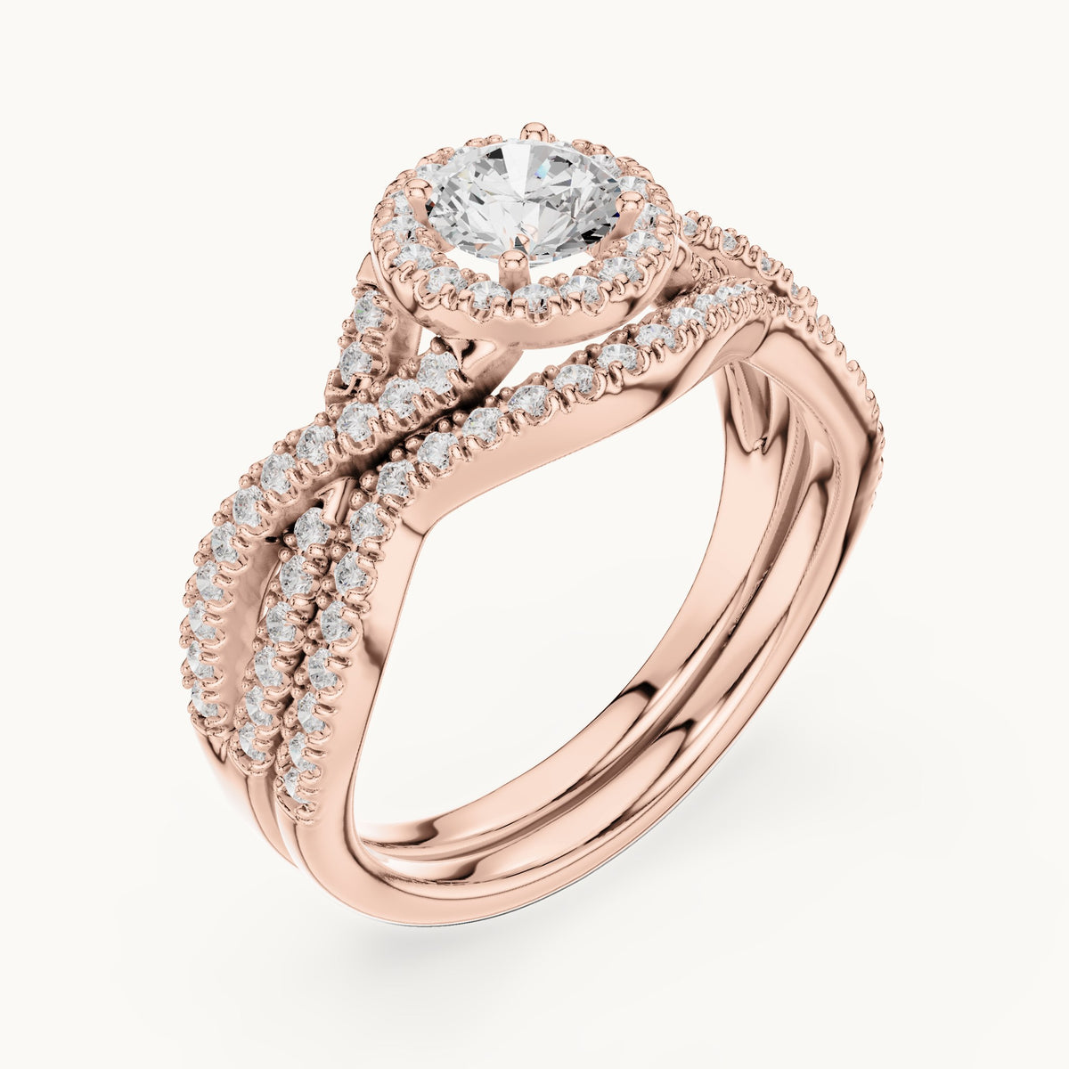 Round lab-grown diamond twisted double band halo engagement ring in rose gold, 1.242 CT TW, view 2