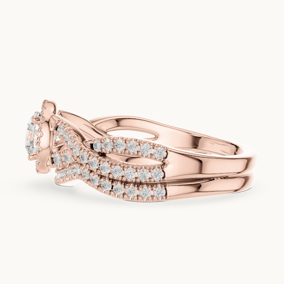 Round lab-grown diamond twisted double band halo engagement ring in rose gold, 1.242 CT TW, view 3