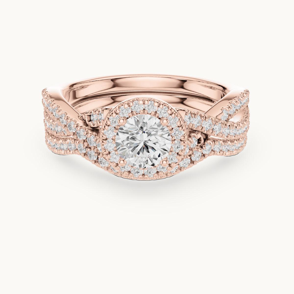 Round lab-grown diamond twisted double band halo engagement ring in rose gold, 1.242 CT TW, view 4
