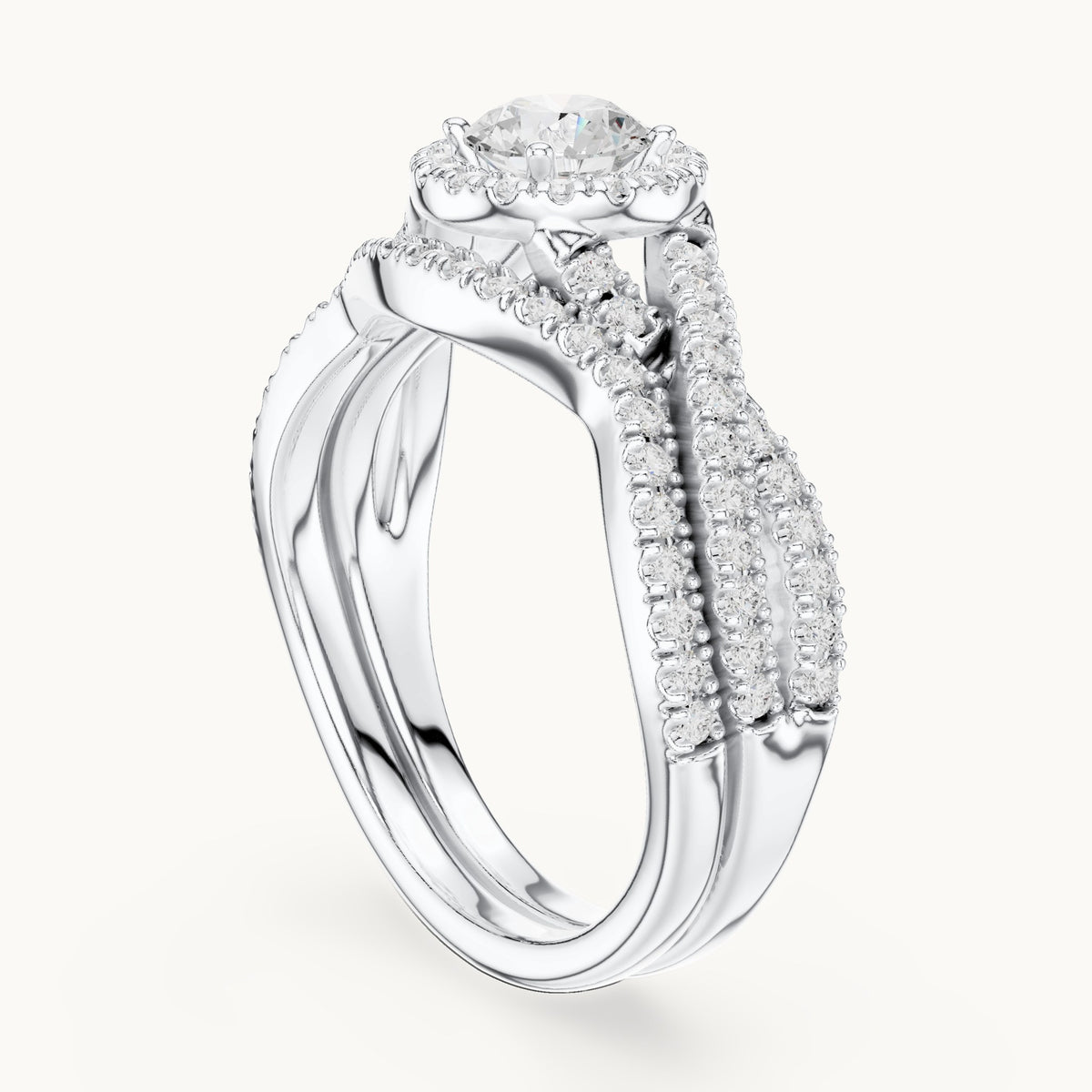 Round lab-grown diamond twisted double band halo engagement ring in white gold, 1.242 CT TW, view 1