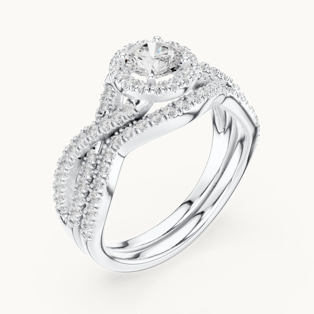 Round lab-grown diamond twisted double band halo engagement ring in white gold, 1.242 CT TW, view 2