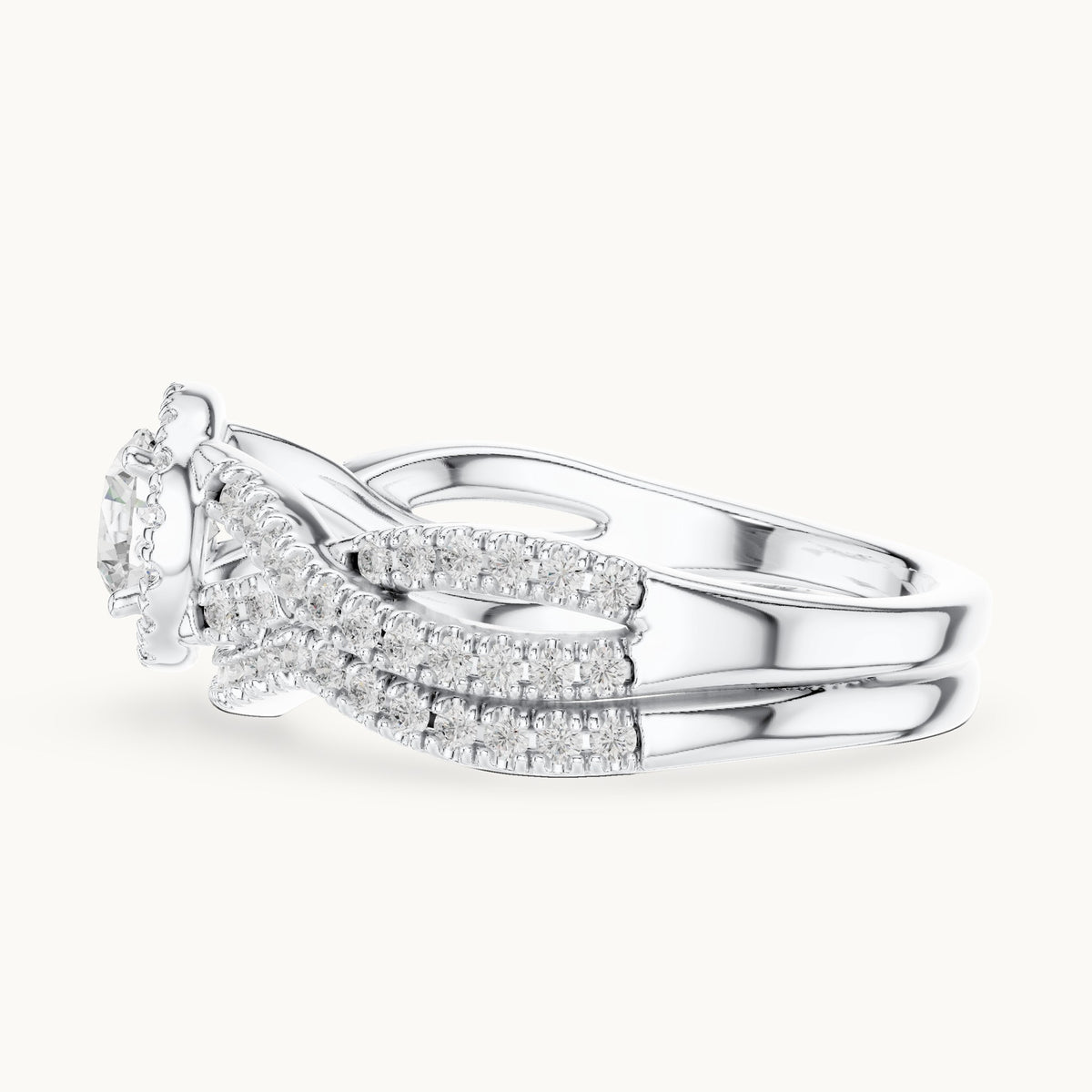 Round lab-grown diamond twisted double band halo engagement ring in white gold, 1.242 CT TW, view 3