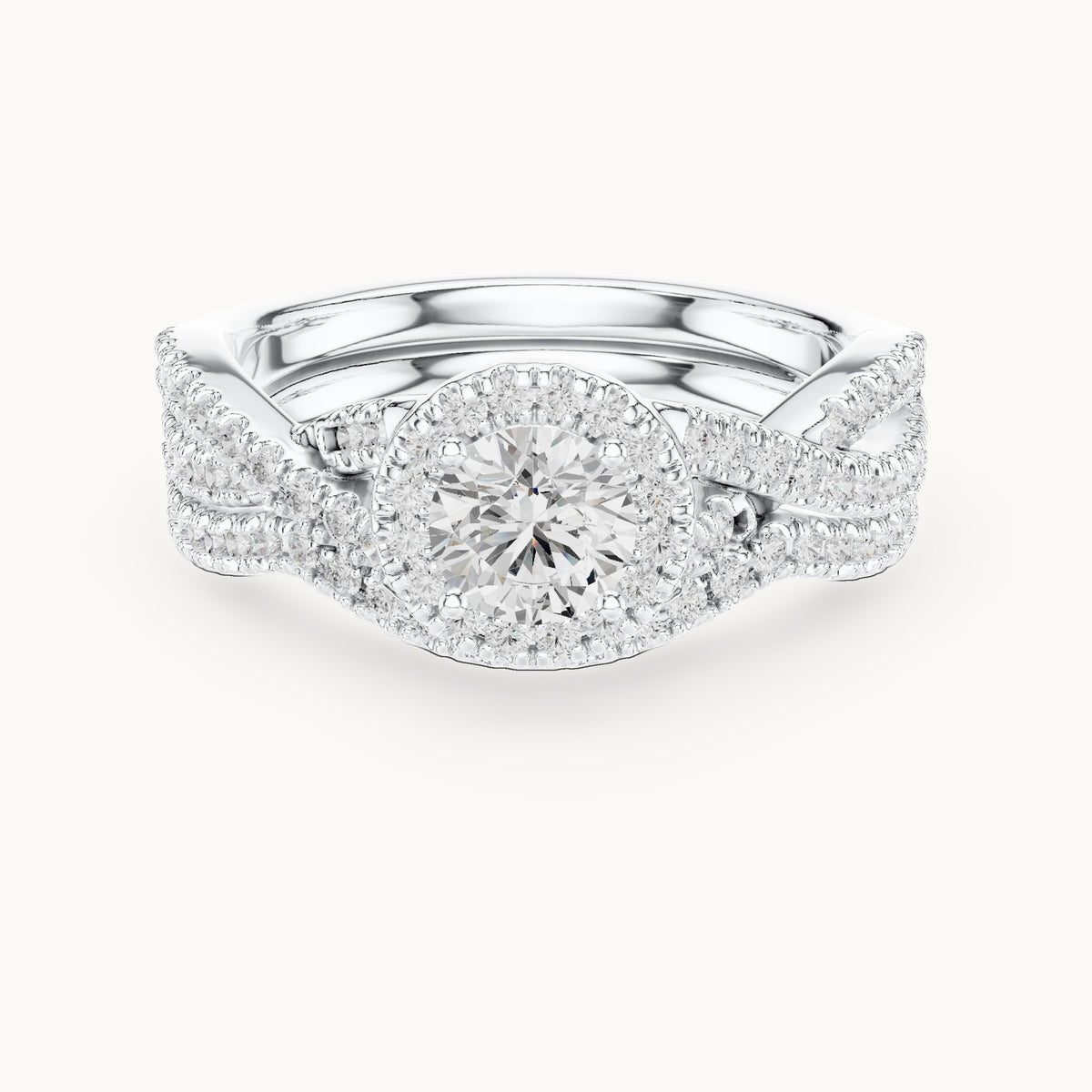 Round lab-grown diamond twisted double band halo engagement ring in white gold, 1.242 CT TW, view 4