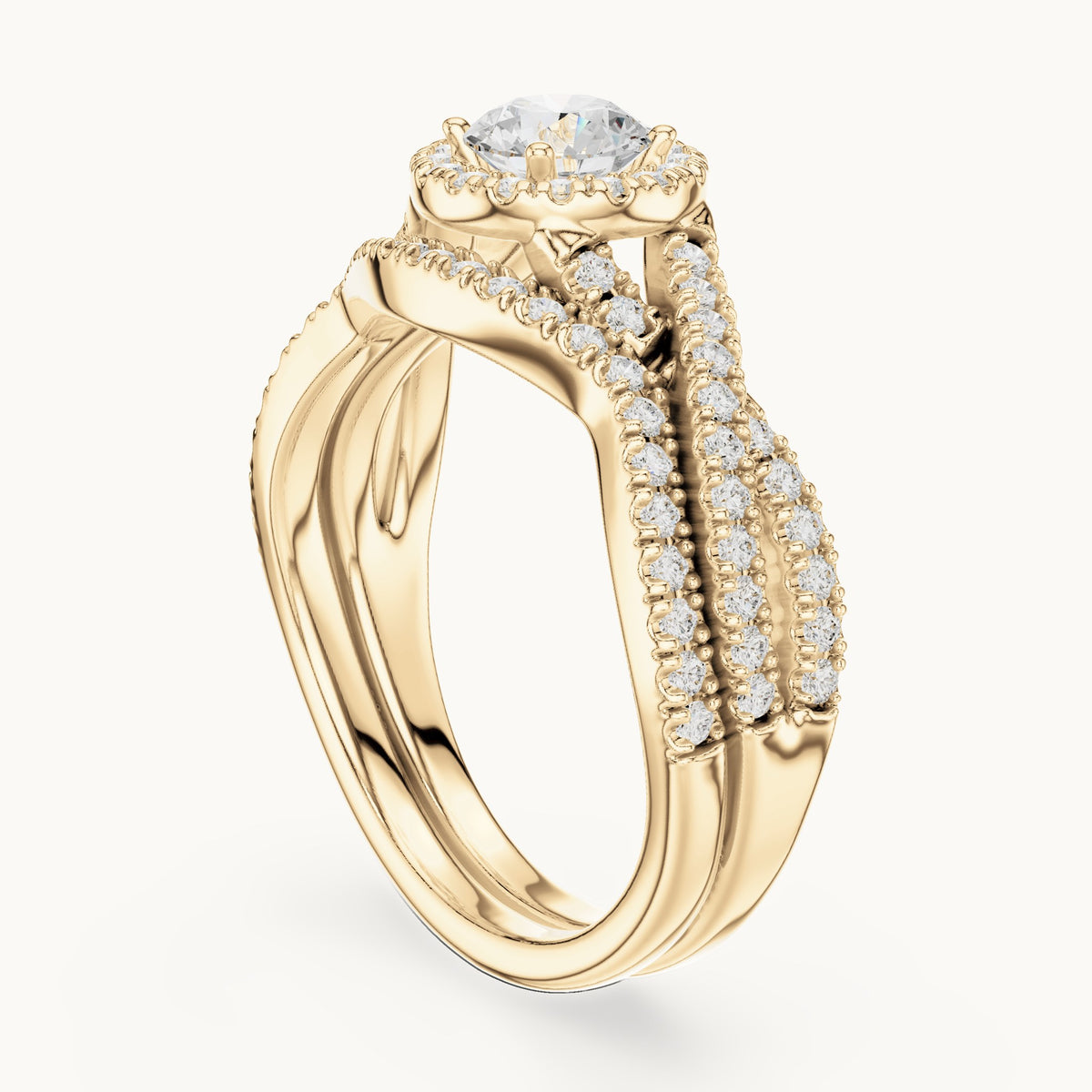 Round lab-grown diamond twisted double band halo engagement ring in yellow gold, 1.242 CT TW, view 1