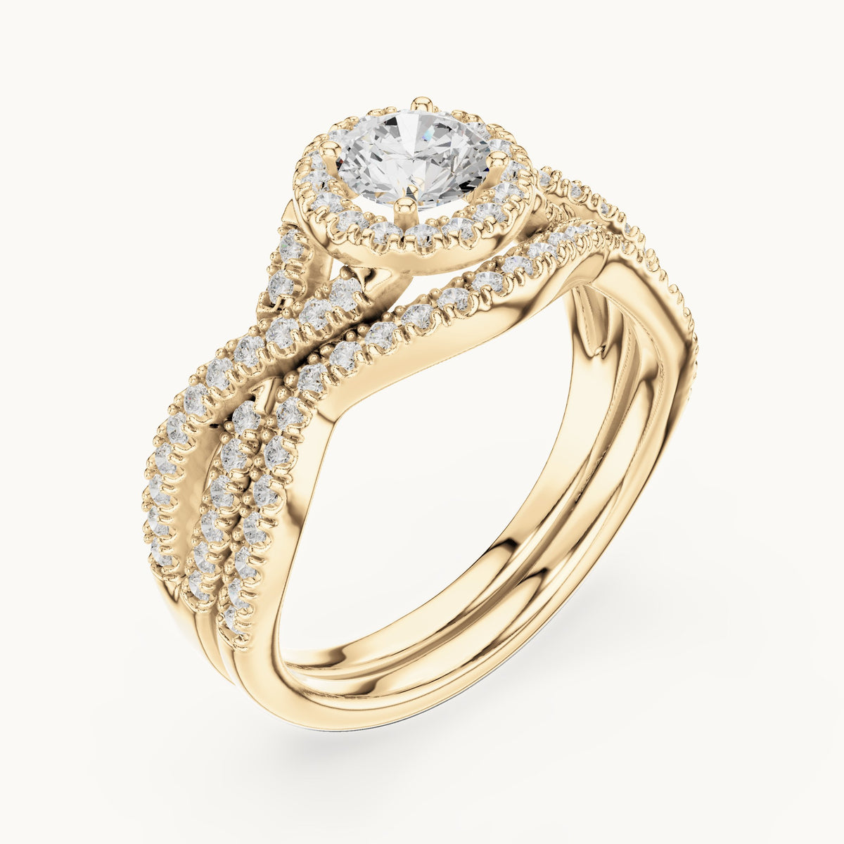 Round lab-grown diamond twisted double band halo engagement ring in yellow gold, 1.242 CT TW, view 2