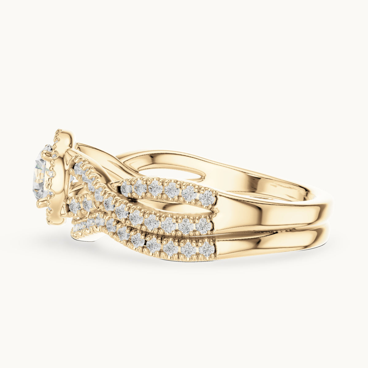 Round lab-grown diamond twisted double band halo engagement ring in yellow gold, 1.242 CT TW, view 3