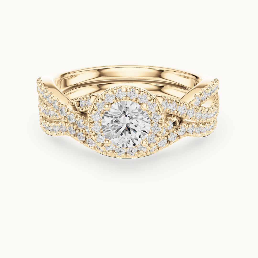 Round lab-grown diamond twisted double band halo engagement ring in yellow gold, 1.242 CT TW, view 4