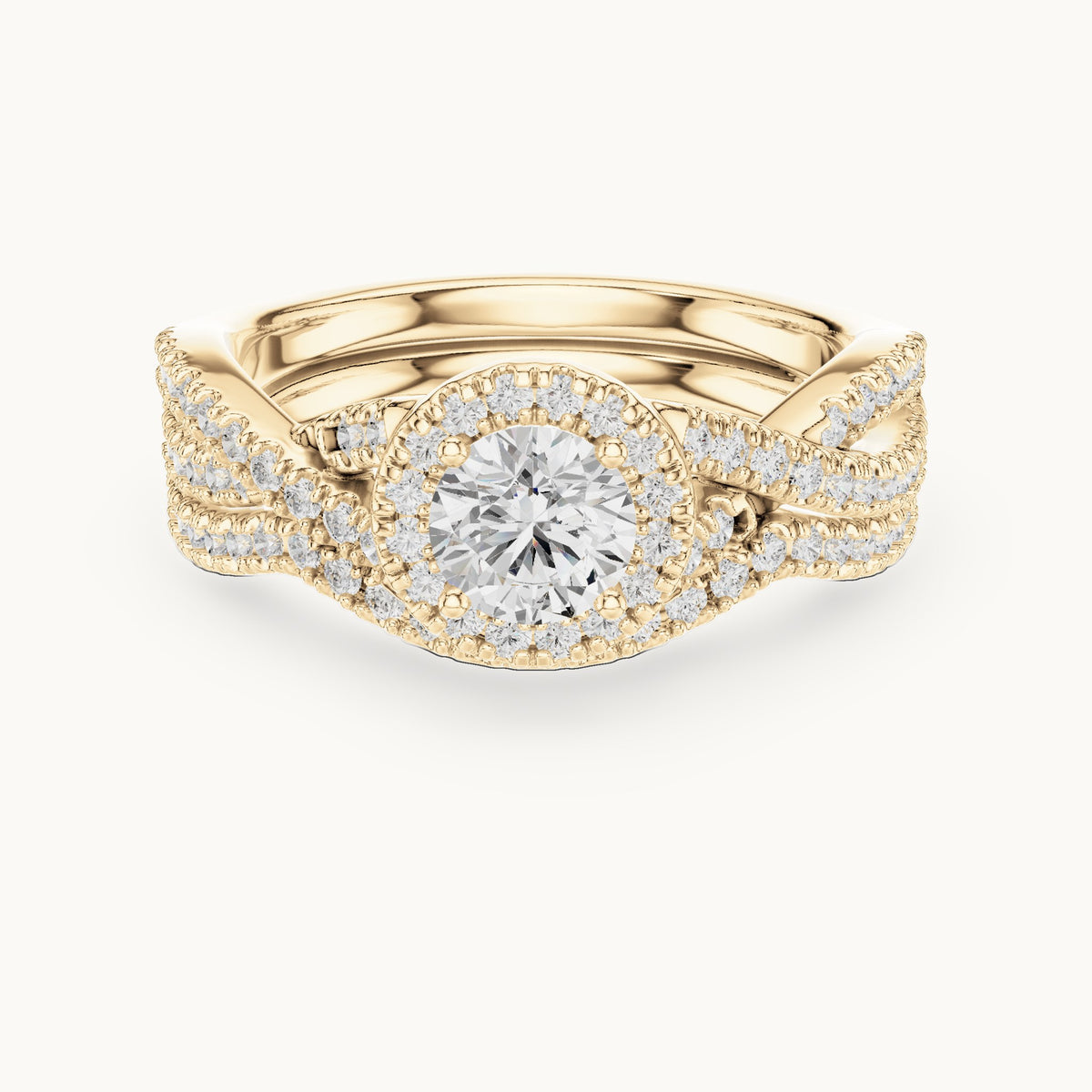 Round lab-grown diamond twisted double band halo engagement ring in yellow gold, 1.242 CT TW, view 4
