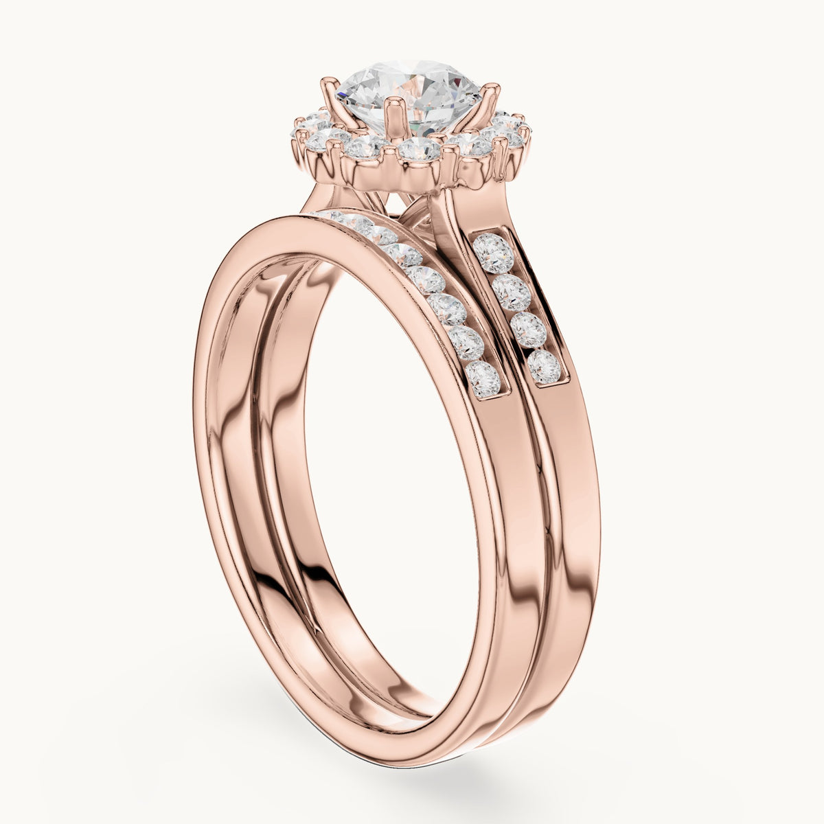 Round lab-grown diamond double band halo engagement ring in rose gold, 1.246 CT TW, view 1