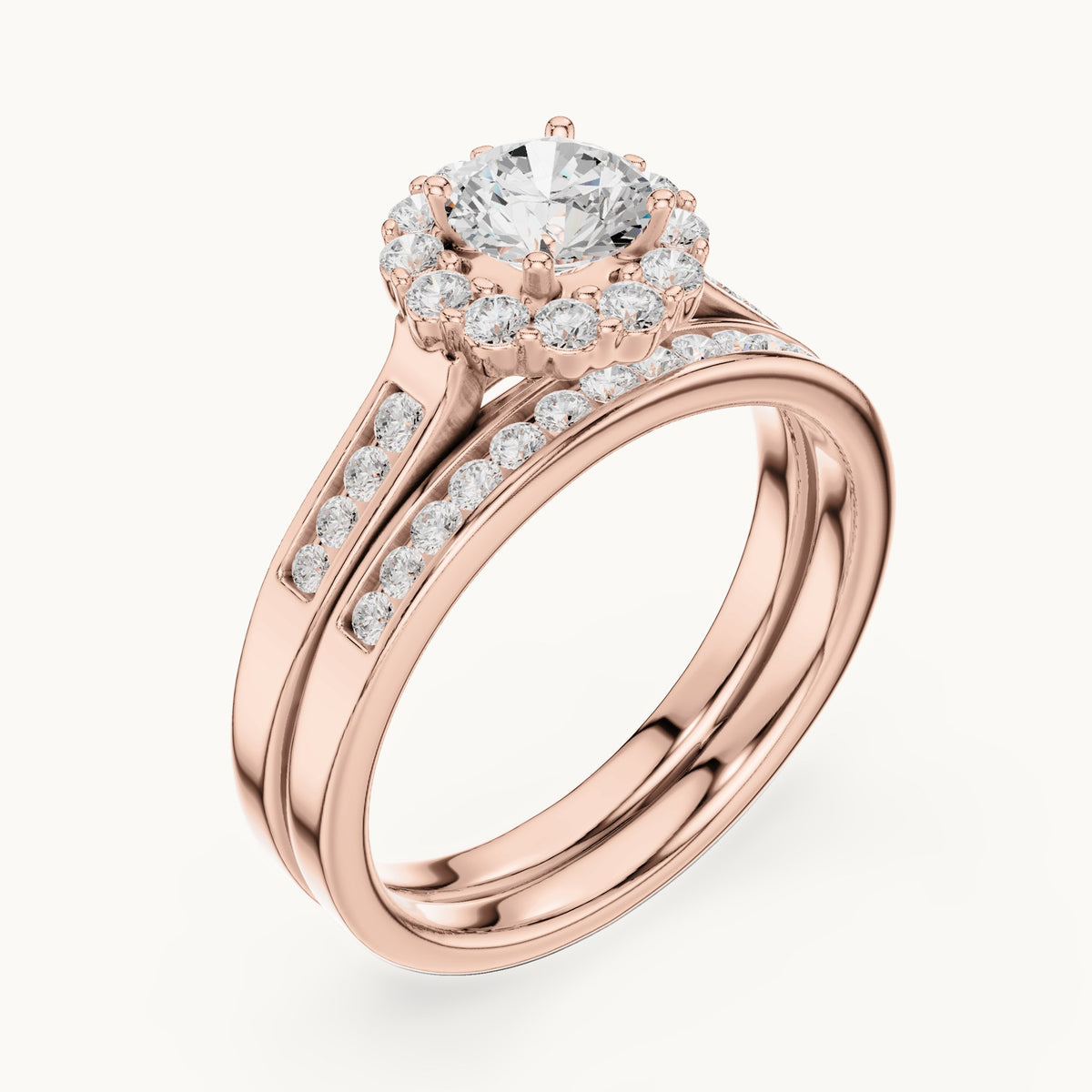 Round lab-grown diamond double band halo engagement ring in rose gold, 1.246 CT TW, view 2