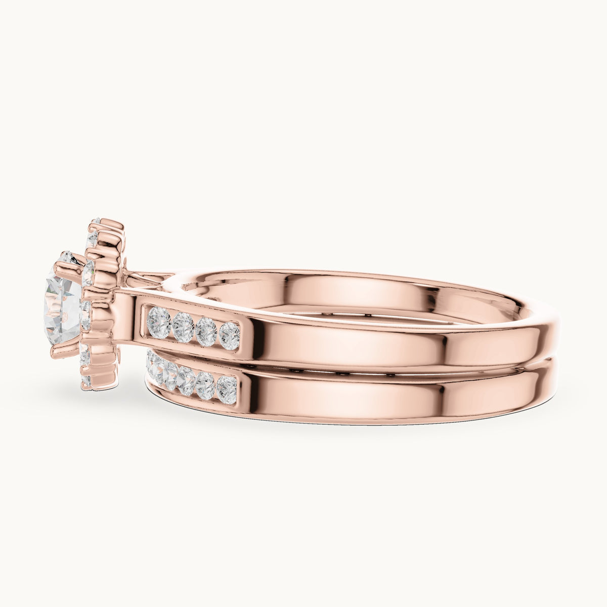 Round lab-grown diamond double band halo engagement ring in rose gold, 1.246 CT TW, view 3