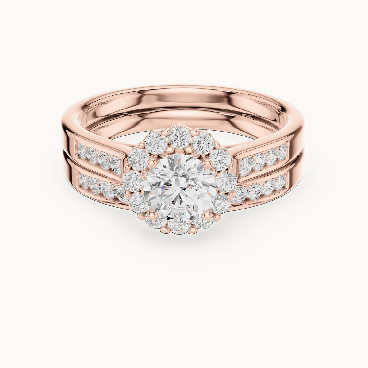 Round lab-grown diamond double band halo engagement ring in rose gold, 1.246 CT TW, view 4