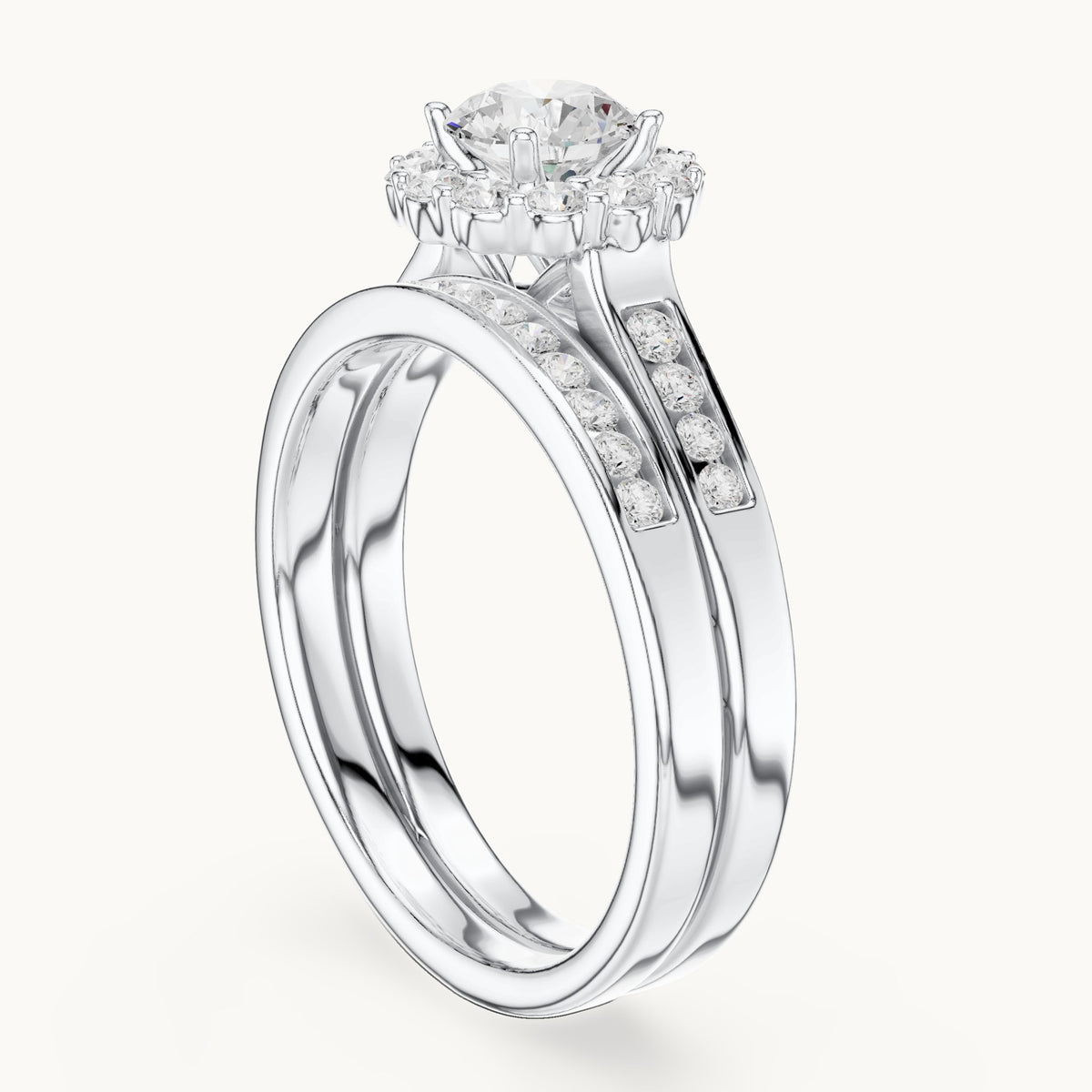 Round lab-grown diamond double band halo engagement ring in white gold, 1.246 CT TW, view 1