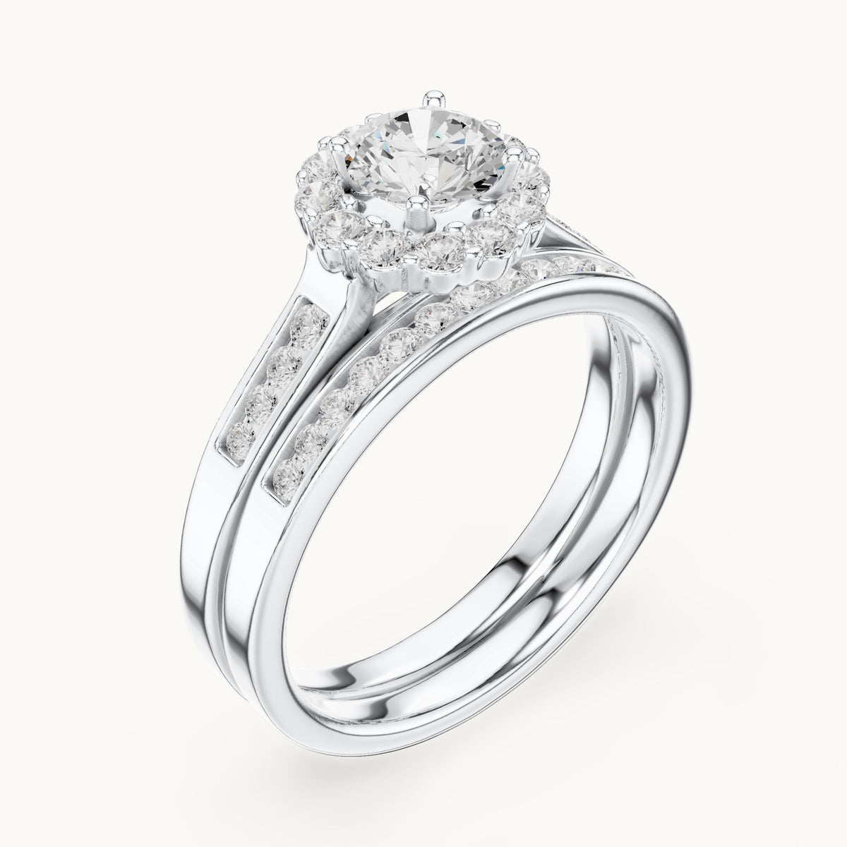 Round lab-grown diamond double band halo engagement ring in white gold, 1.246 CT TW, view 2