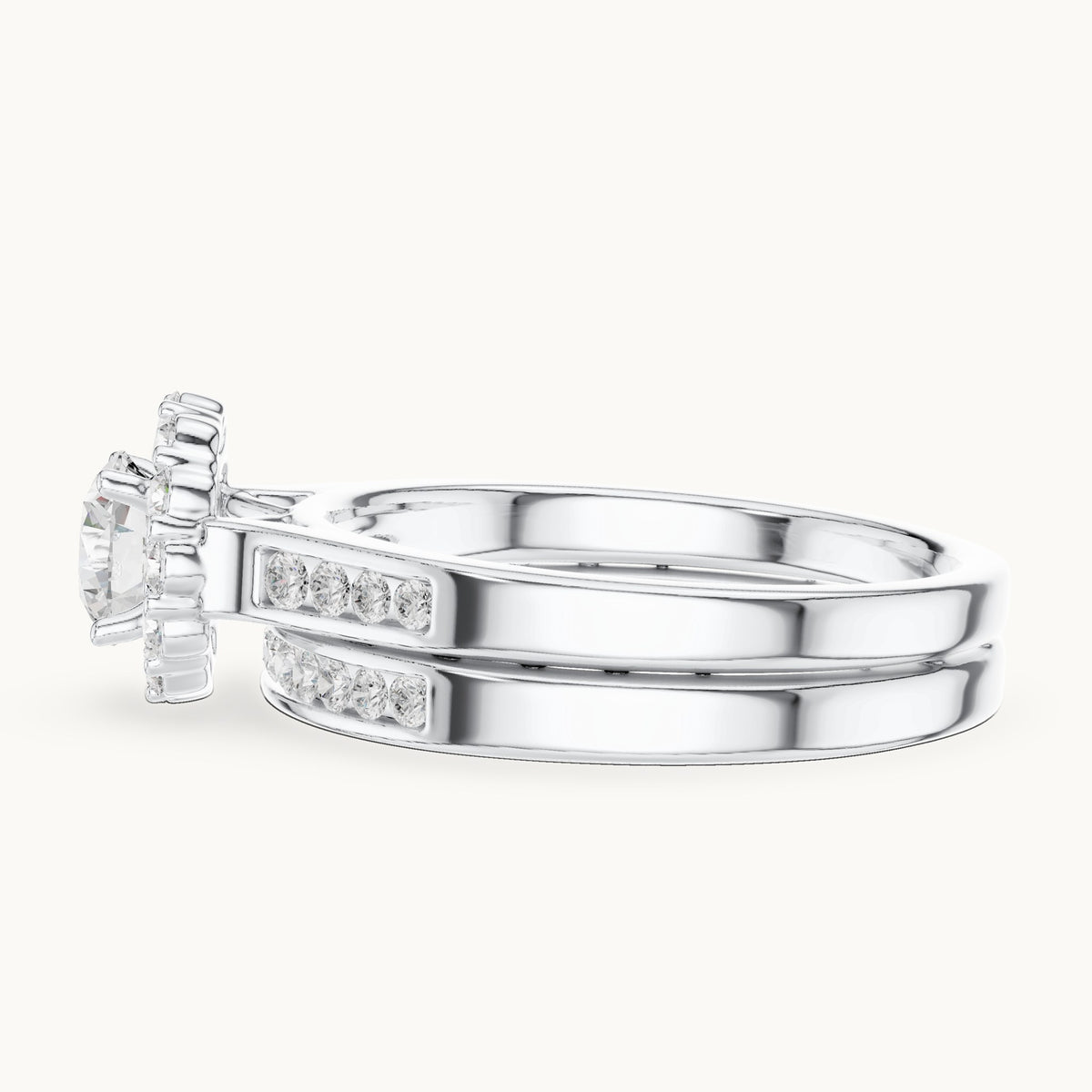 Round lab-grown diamond double band halo engagement ring in white gold, 1.246 CT TW, view 3