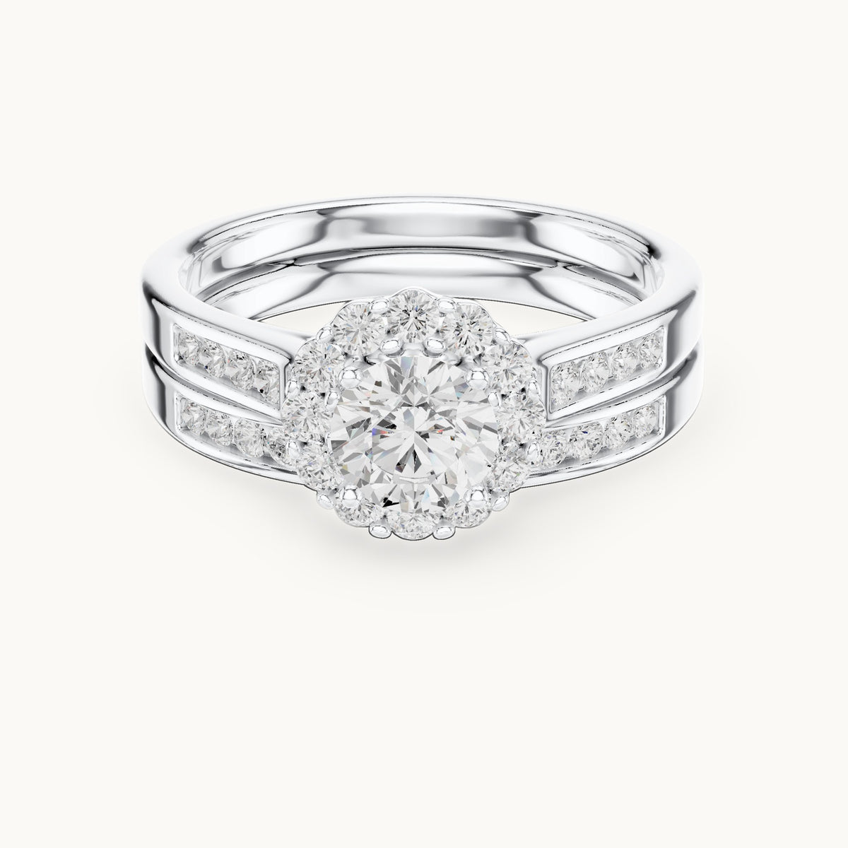 Round lab-grown diamond double band halo engagement ring in white gold, 1.246 CT TW, view 4