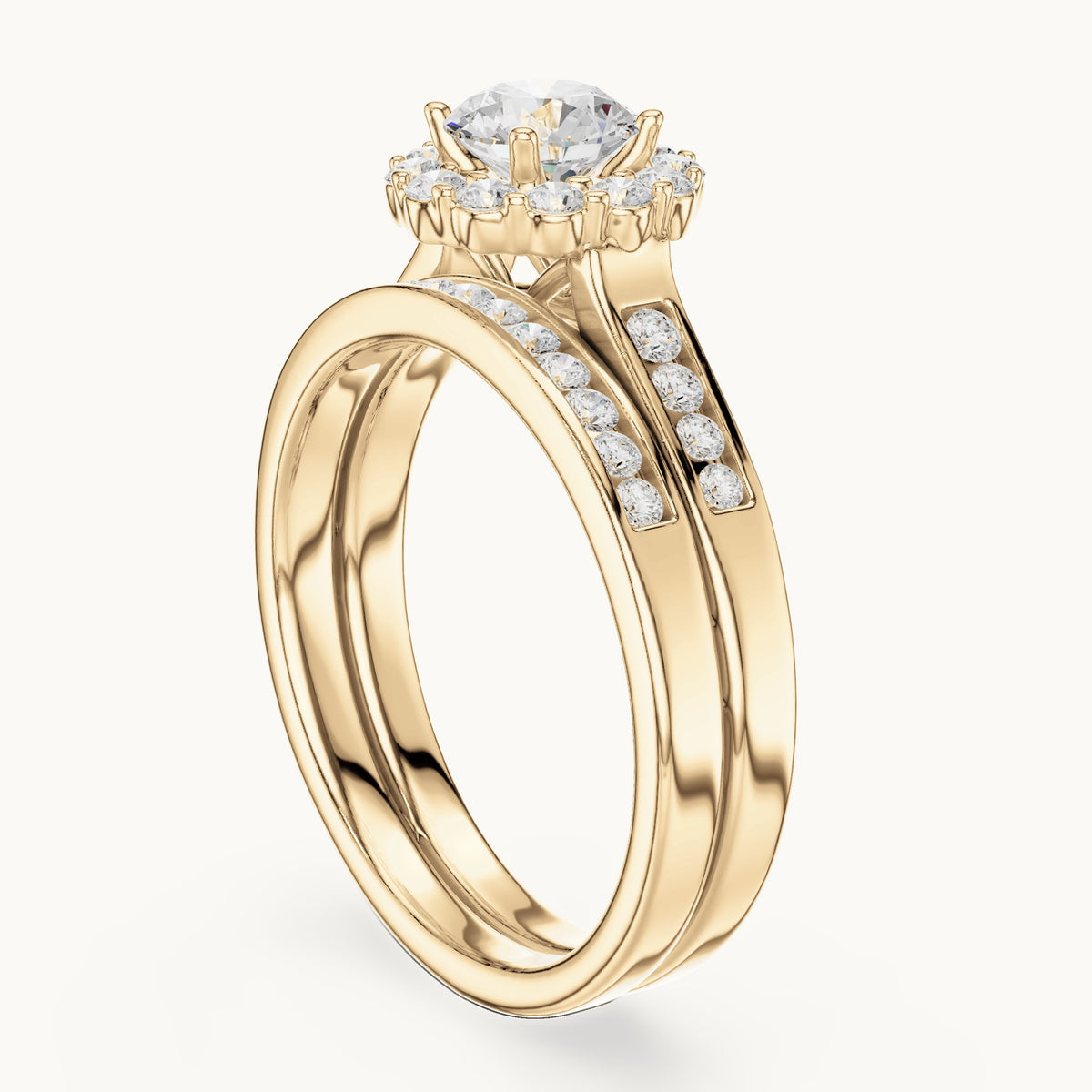 Round lab-grown diamond double band halo engagement ring in yellow gold, 1.246 CT TW, view 1