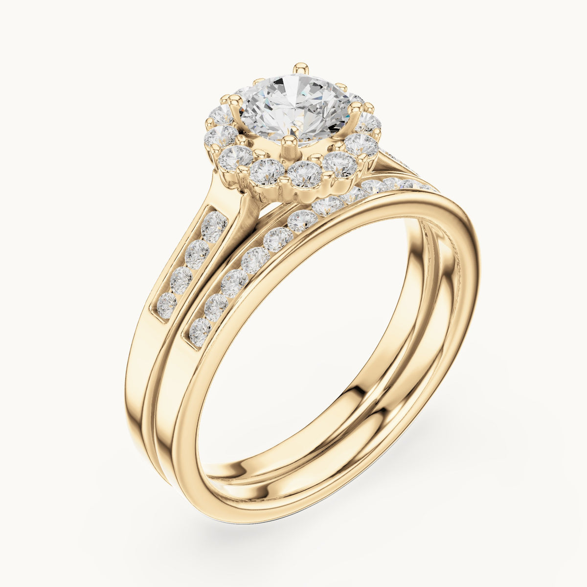 Round lab-grown diamond double band halo engagement ring in yellow gold, 1.246 CT TW, view 2