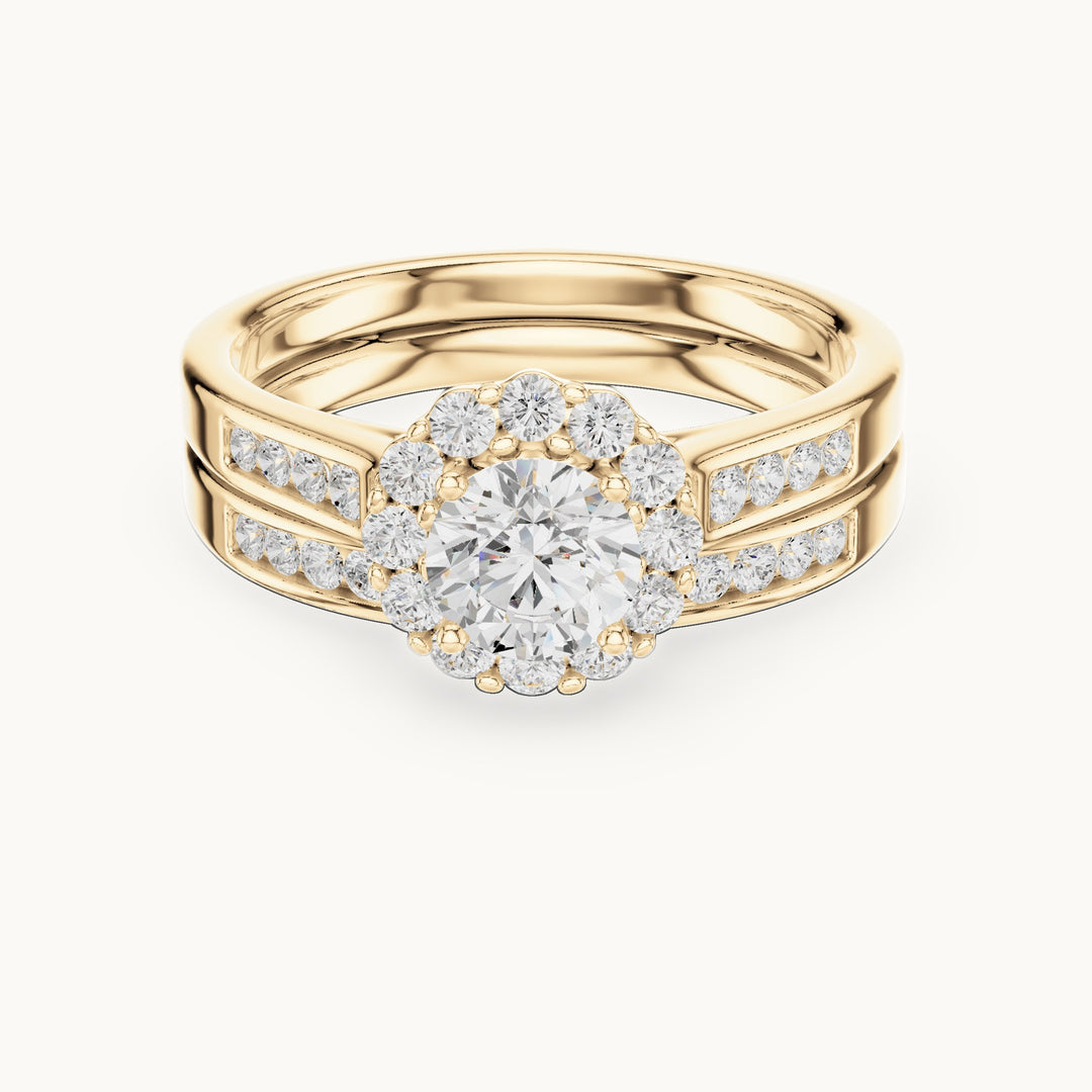 Round lab-grown diamond double band halo engagement ring in yellow gold, 1.246 CT TW, view 4