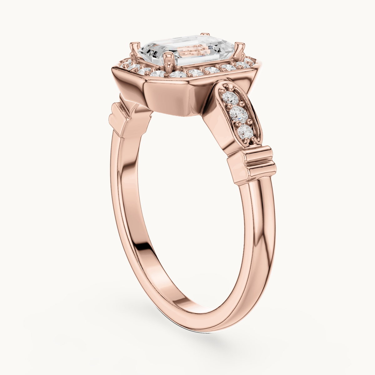 Emerald-cut lab-grown diamond halo engagement ring in 14K rose gold, 1.28 CT TW, view 1