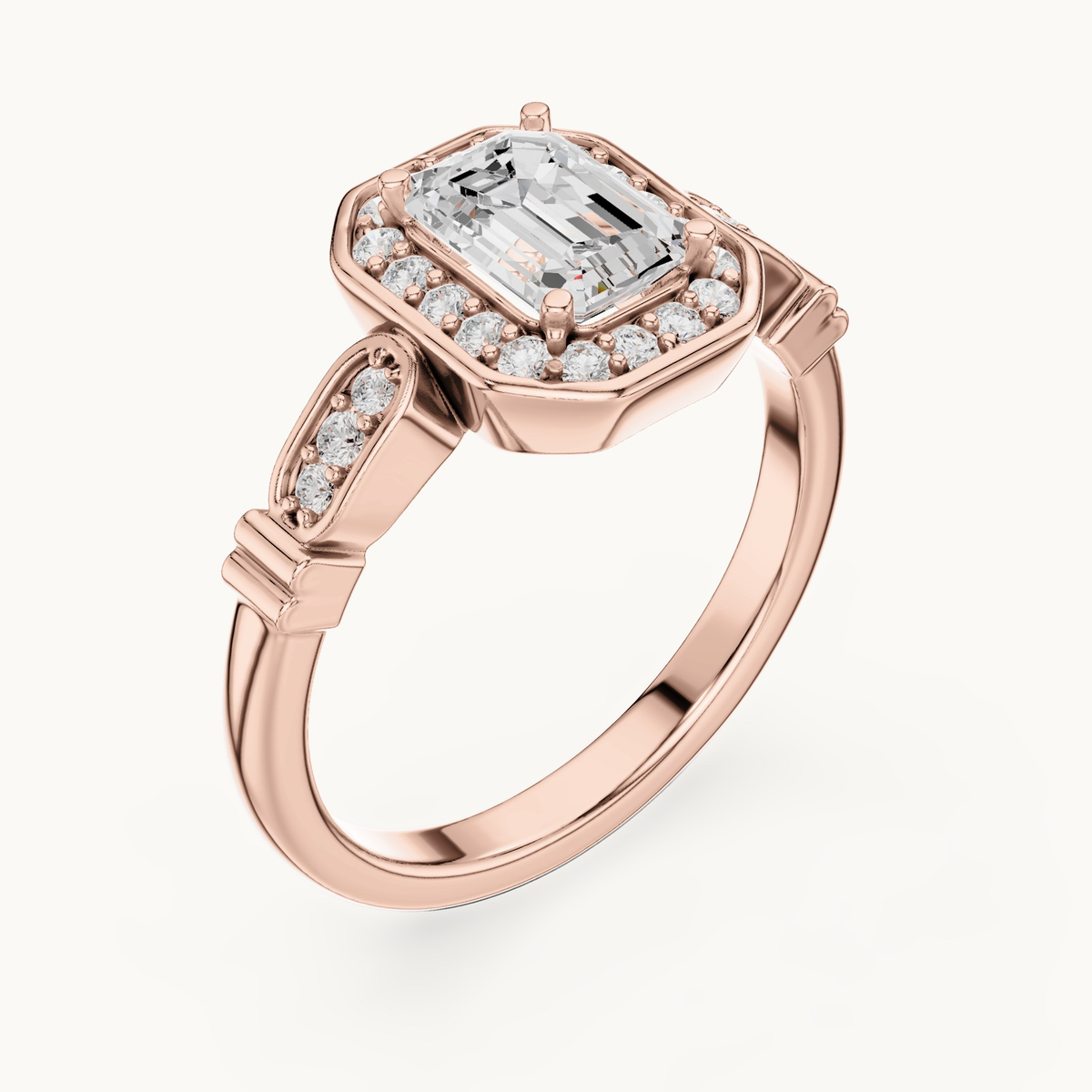 Emerald-cut lab-grown diamond halo engagement ring in 14K rose gold, 1.28 CT TW, view 2