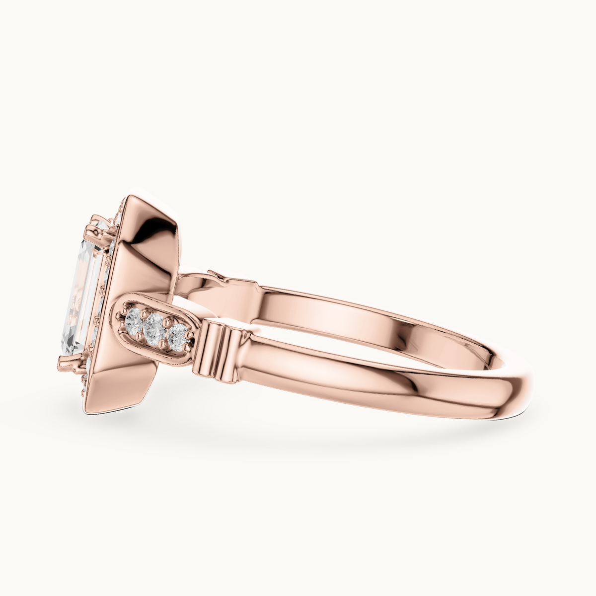 Emerald-cut lab-grown diamond halo engagement ring in 14K rose gold, 1.28 CT TW, view 3