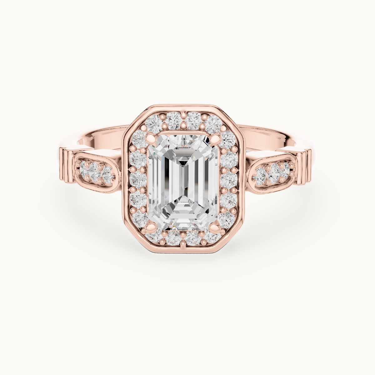 Emerald-cut lab-grown diamond halo engagement ring in 14K rose gold, 1.28 CT TW, view 4