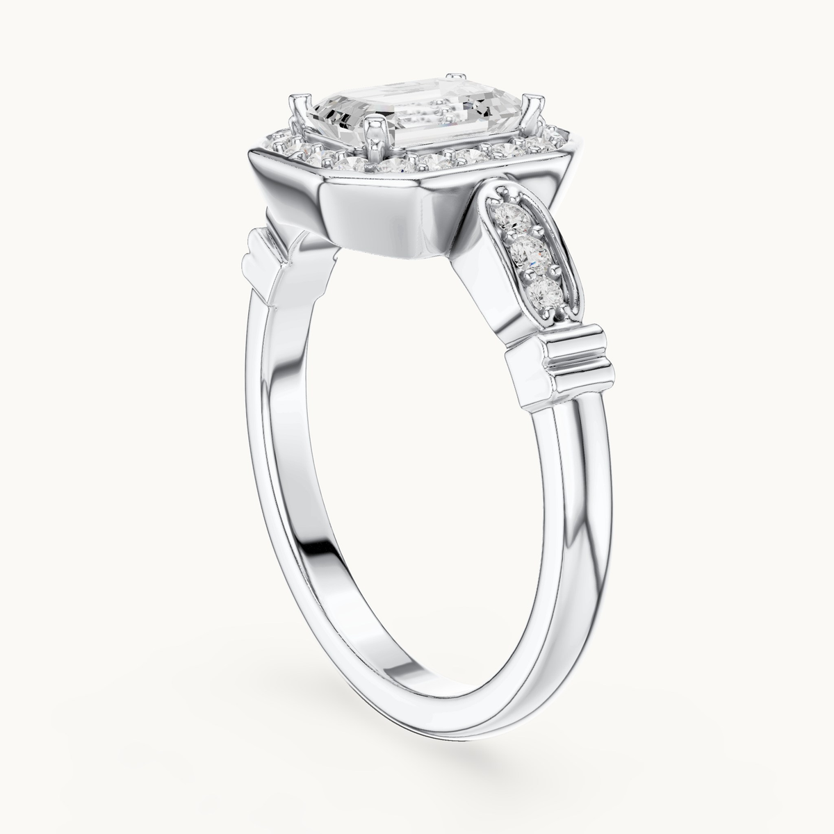 Emerald-cut lab-grown diamond halo engagement ring in 14K white gold, 1.28 CT TW, view 1