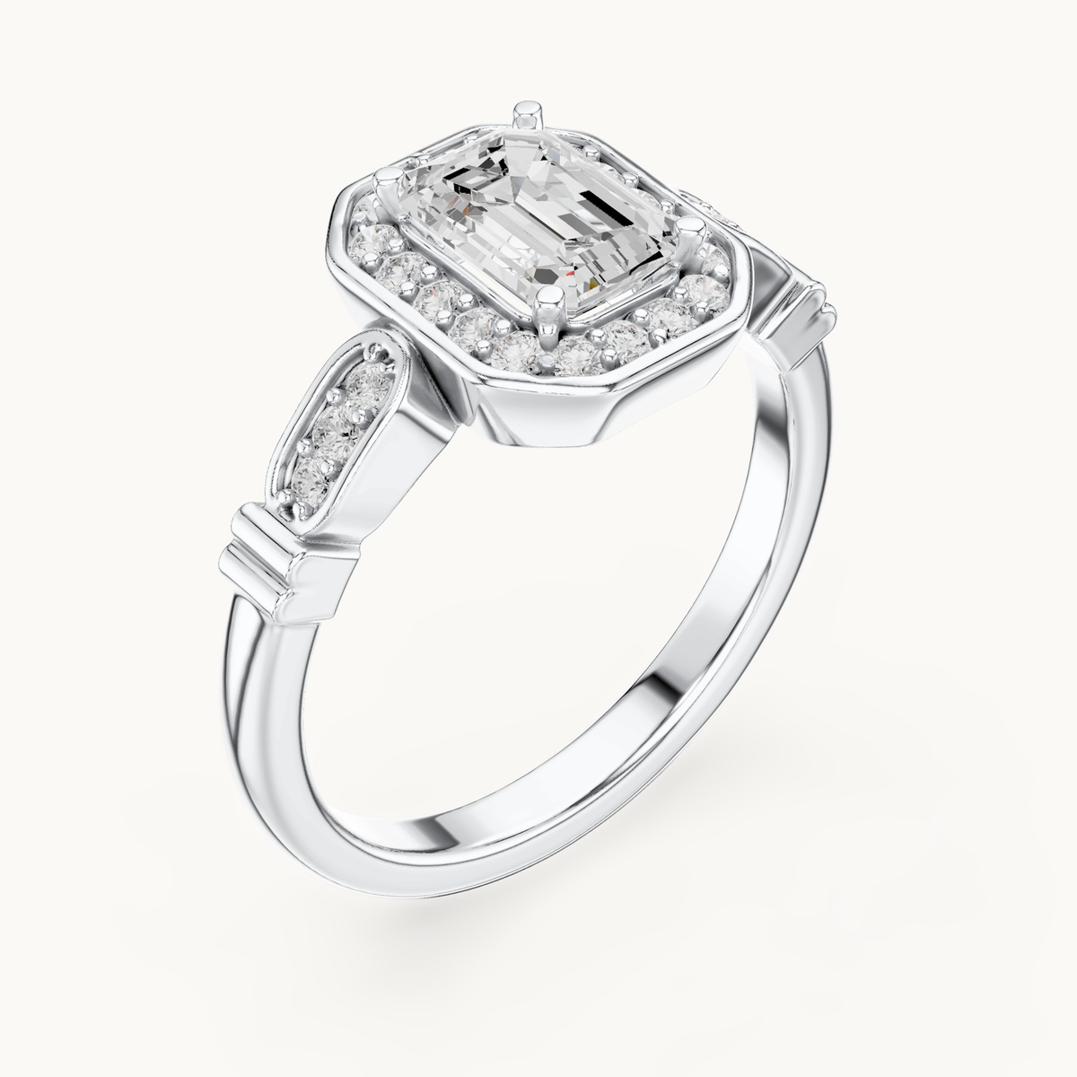 Emerald-cut lab-grown diamond halo engagement ring in 14K white gold, 1.28 CT TW, view 2