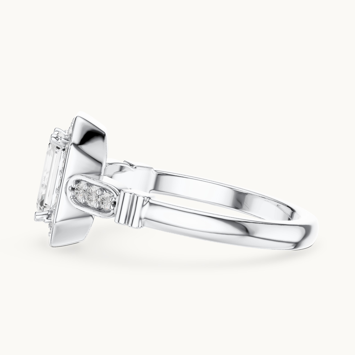 Emerald-cut lab-grown diamond halo engagement ring in 14K white gold, 1.28 CT TW, view 3