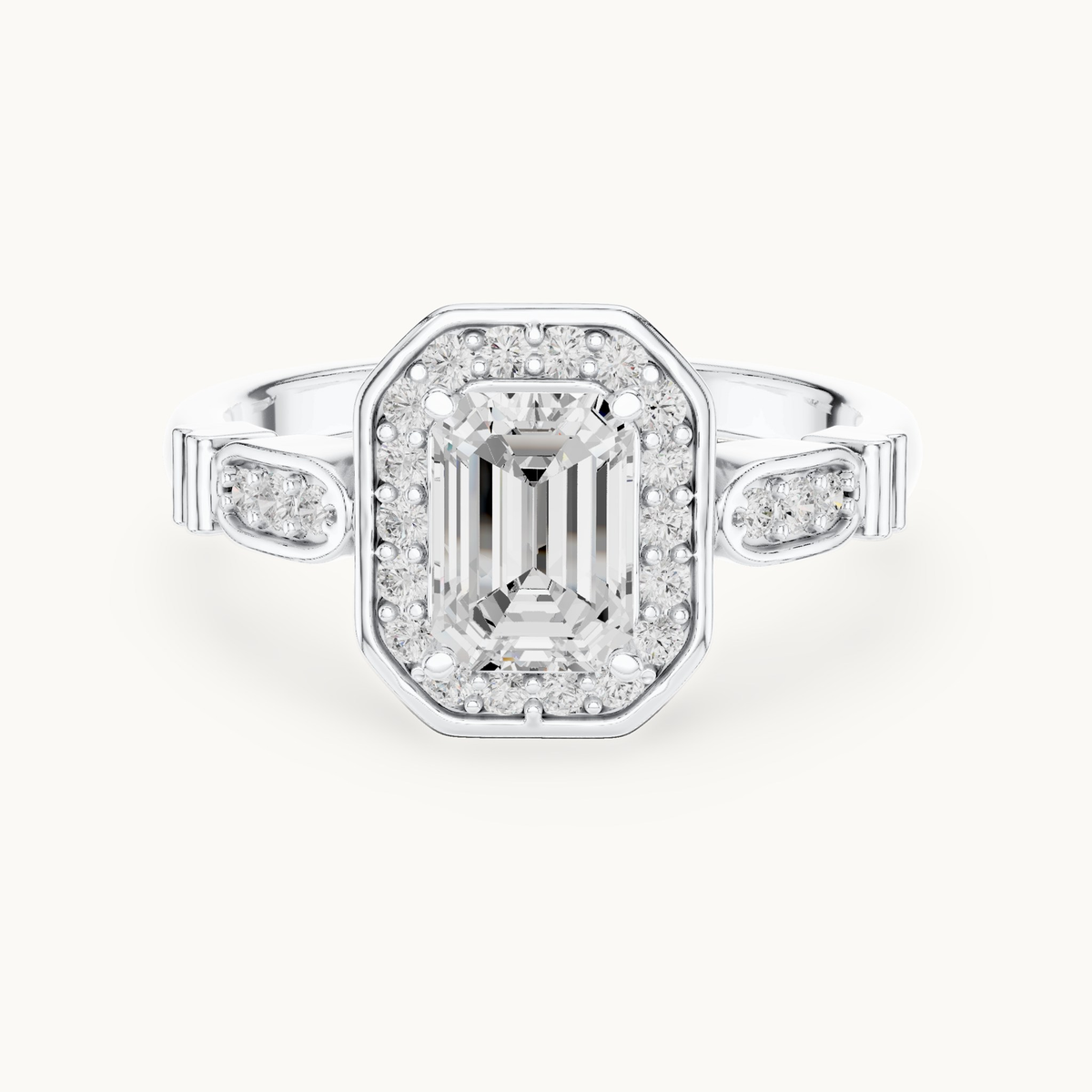 Emerald-cut lab-grown diamond halo engagement ring in 14K white gold, 1.28 CT TW, view 4