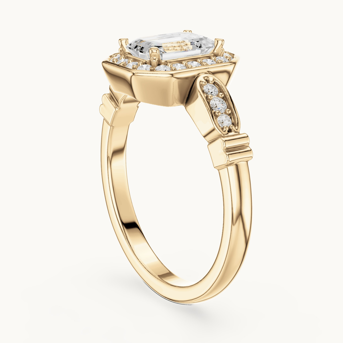 Emerald-cut lab-grown diamond halo engagement ring in 14K yellow gold, 1.28 CT TW, view 1
