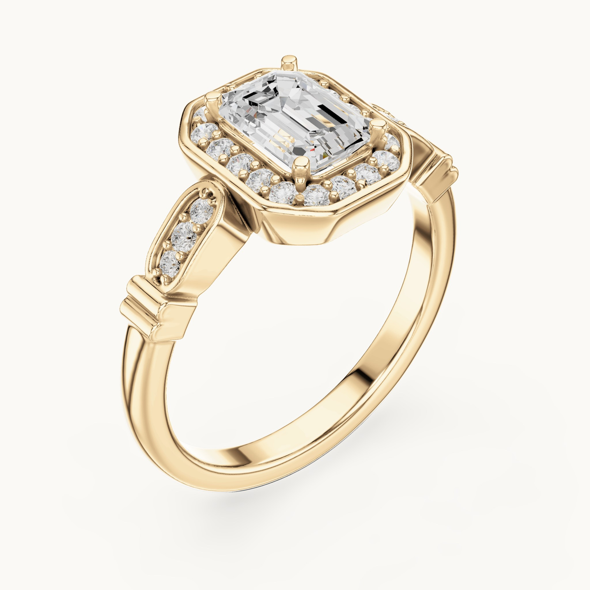 Emerald-cut lab-grown diamond halo engagement ring in 14K yellow gold, 1.28 CT TW, view 2