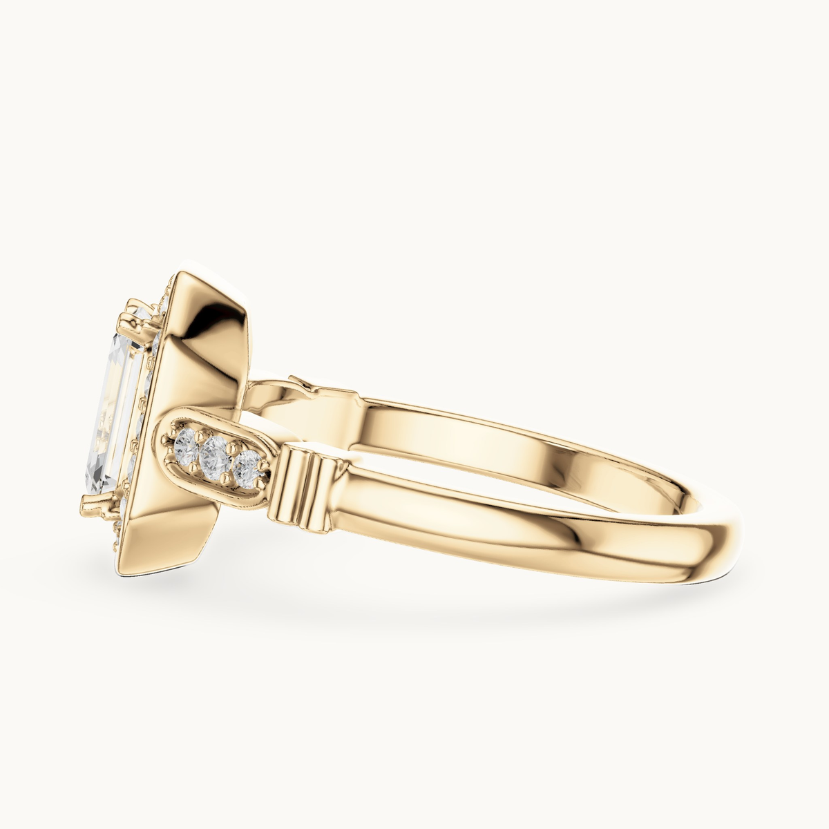 Emerald-cut lab-grown diamond halo engagement ring in 14K yellow gold, 1.28 CT TW, view 3
