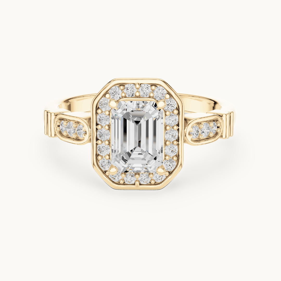 Emerald-cut lab-grown diamond halo engagement ring in 14K yellow gold, 1.28 CT TW, view 4