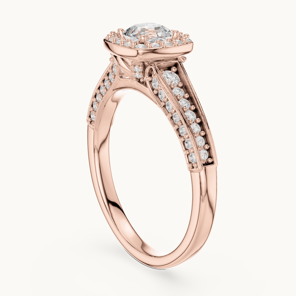 Square emerald-cut lab-grown diamond halo engagement ring in 14K rose gold, 1.18 CT TW, view 1