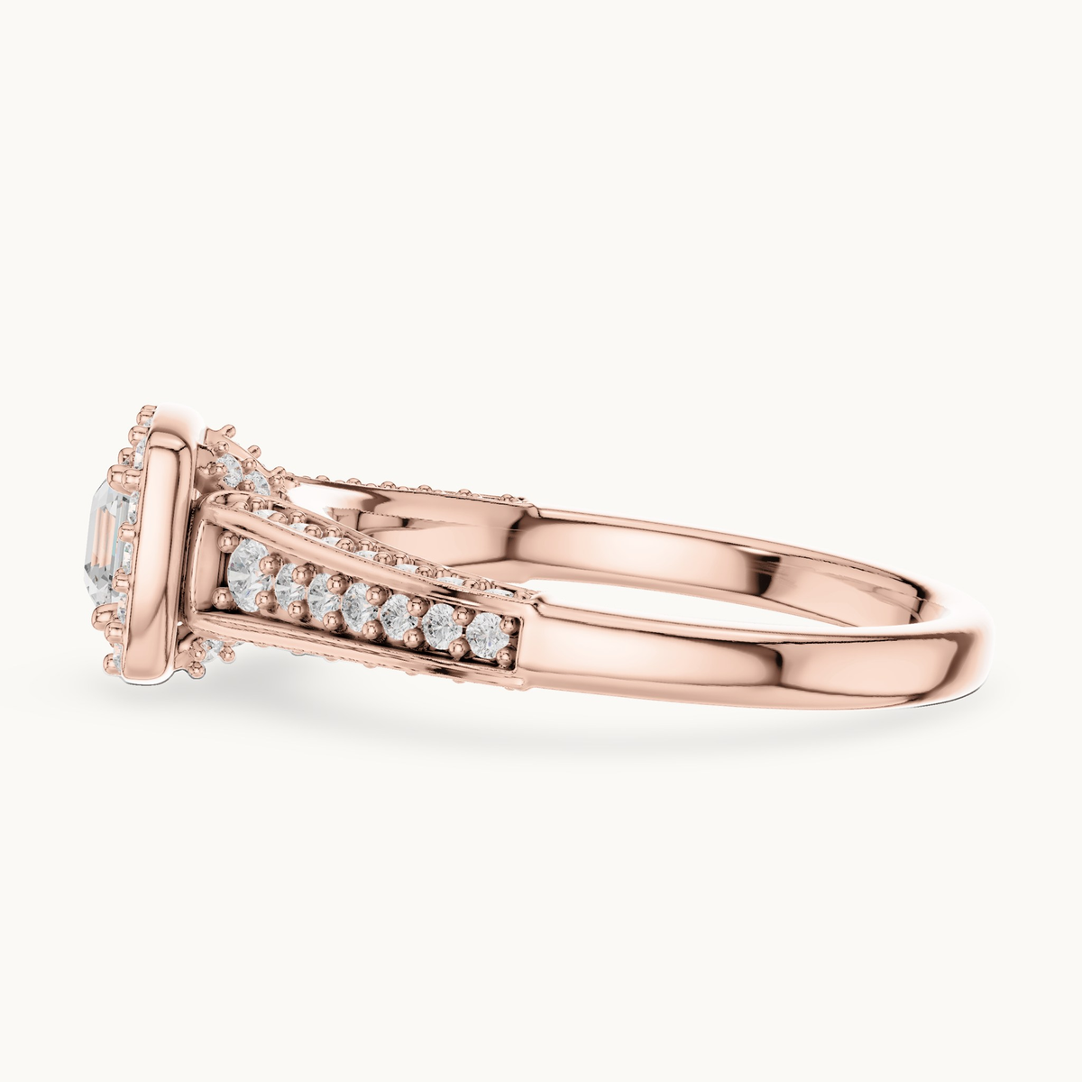 Square emerald-cut lab-grown diamond halo engagement ring in 14K rose gold, 1.18 CT TW, view 3