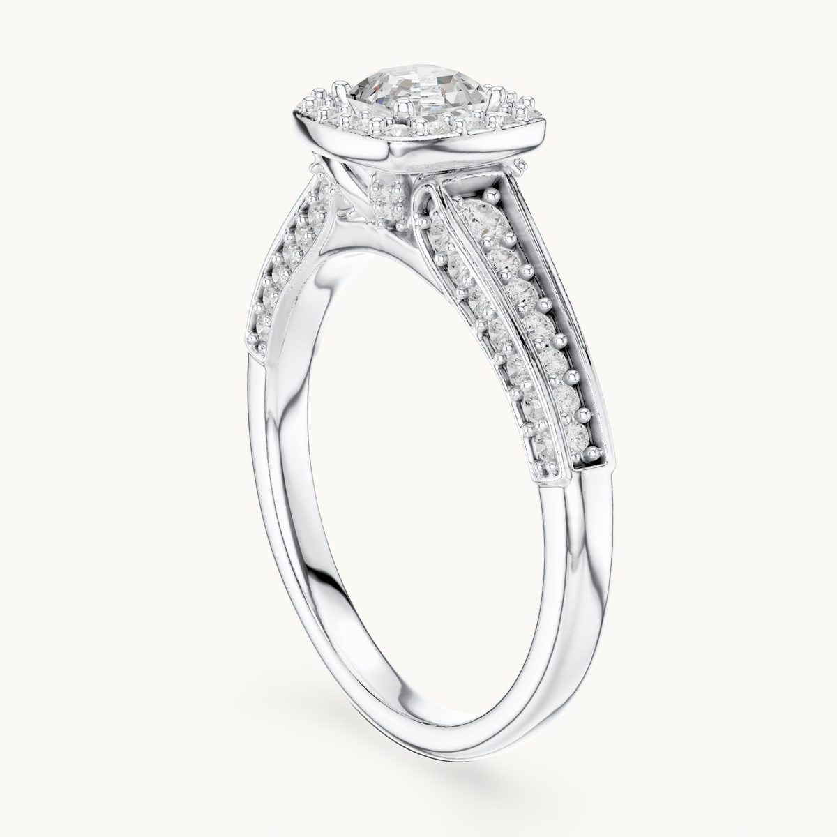Square emerald-cut lab-grown diamond halo engagement ring in 14K white gold, 1.18 CT TW, view 1