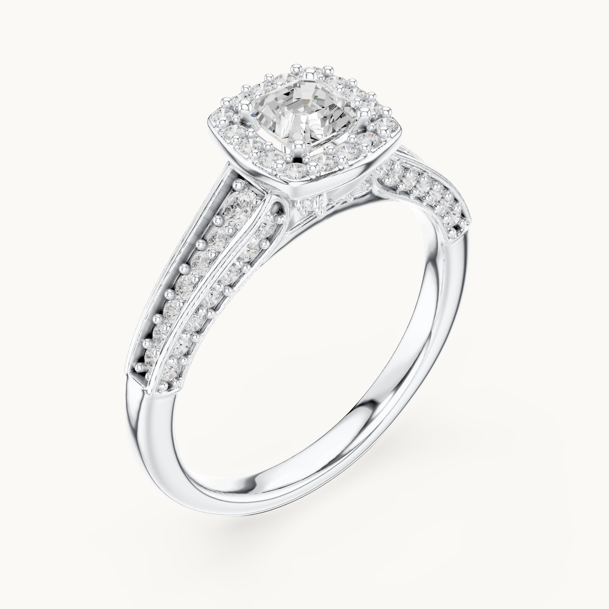 Square emerald-cut lab-grown diamond halo engagement ring in 14K white gold, 1.18 CT TW, view 2
