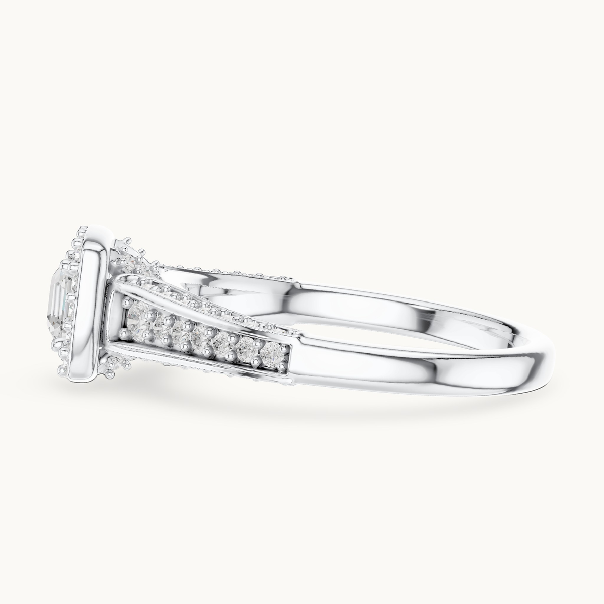 Square emerald-cut lab-grown diamond halo engagement ring in 14K white gold, 1.18 CT TW, view 3