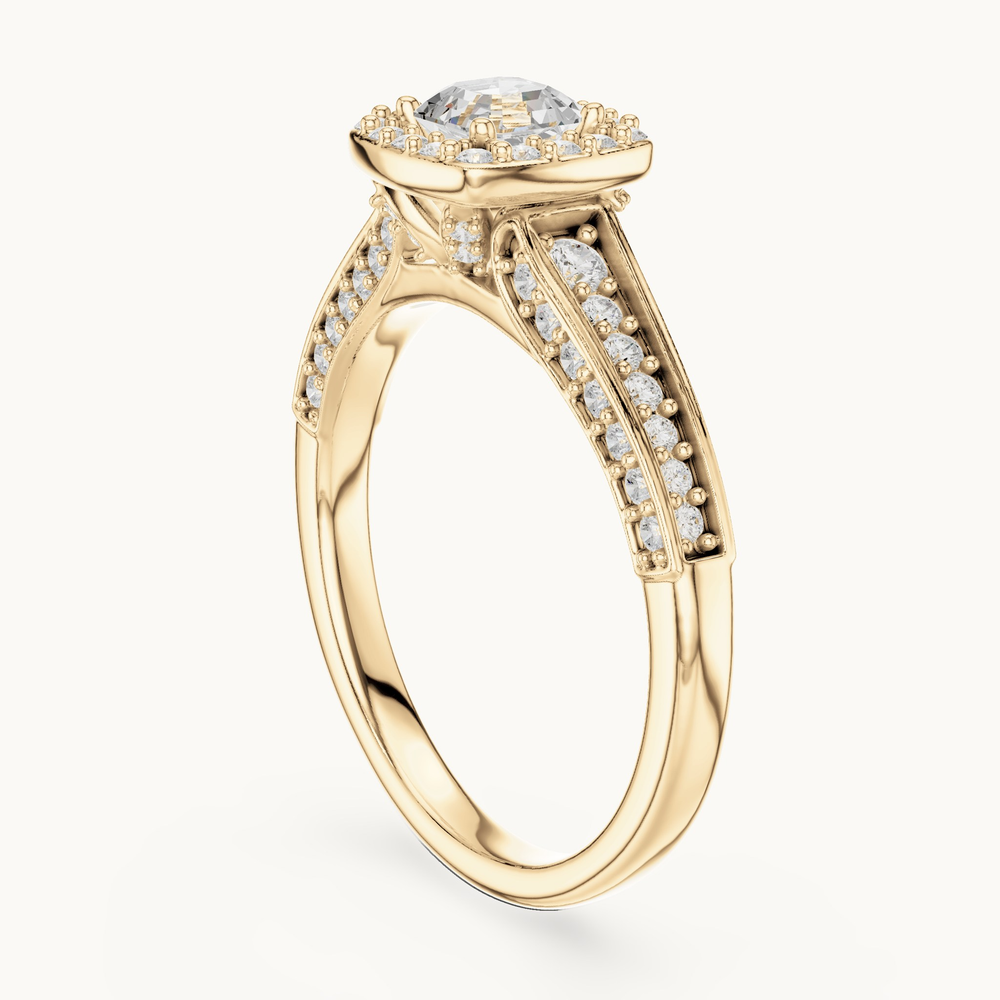 Square emerald-cut lab-grown diamond halo engagement ring in 14K yellow gold, 1.18 CT TW, view 1