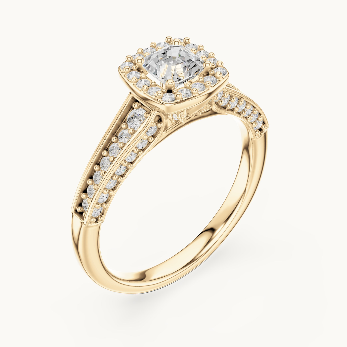 Square emerald-cut lab-grown diamond halo engagement ring in 14K yellow gold, 1.18 CT TW, view 2