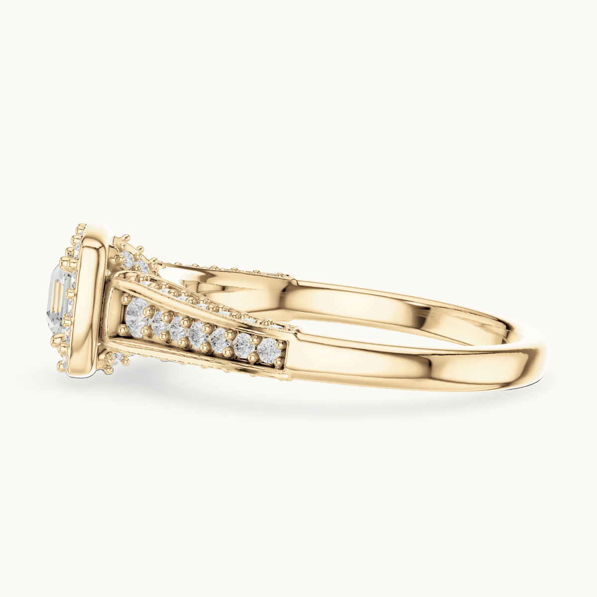 Square emerald-cut lab-grown diamond halo engagement ring in 14K yellow gold, 1.18 CT TW, view 3