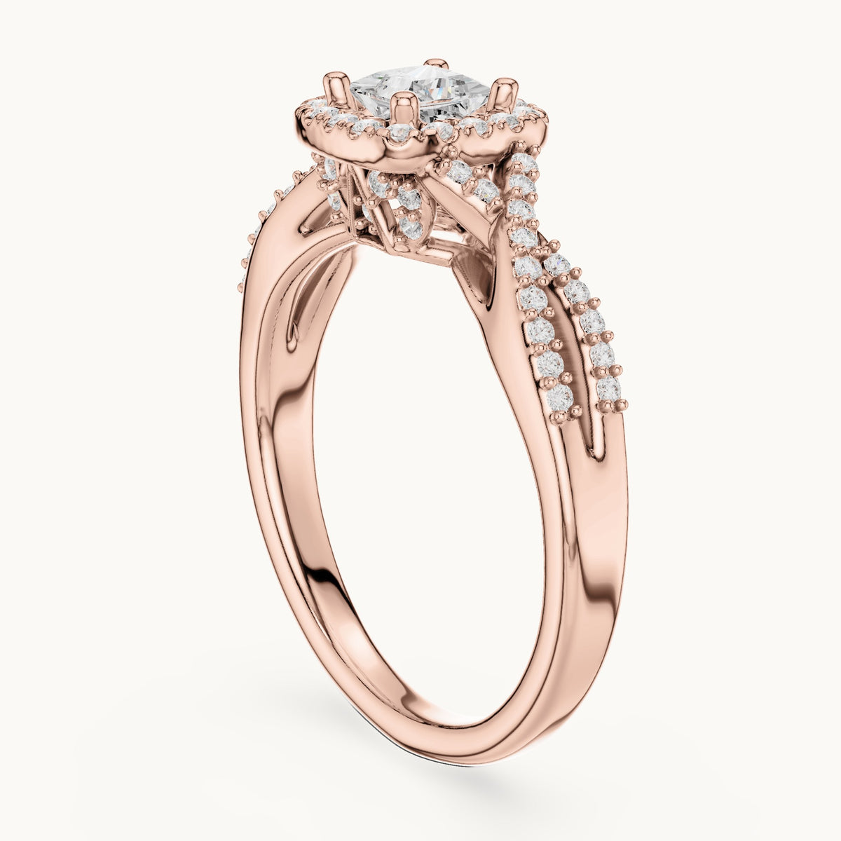 Round and princess-cut lab-grown diamond twisted halo engagement ring in rose gold, 0.688 CT TW, view 1